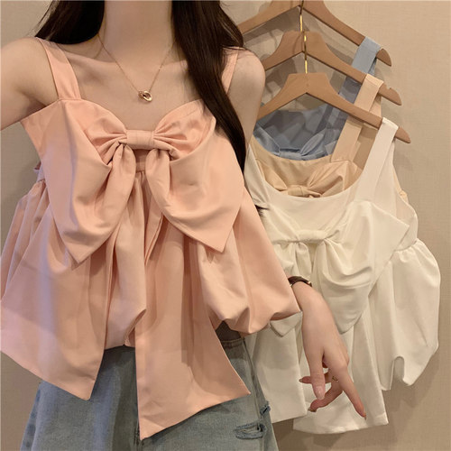 粉色蝴蝶结遮副乳背心女夏无袖衣