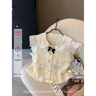 小香风娃娃领短袖蕾丝衬衫女夏超仙蝴蝶结小衫法式小飞袖别致上衣