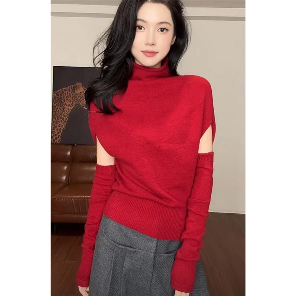 本命年氛围感穿搭红色袖套打底毛衣女秋冬收腰显瘦内搭针织衫上衣
