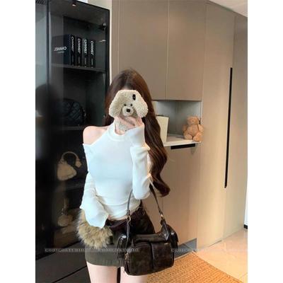 纯欲风色露肩长袖针织衫女