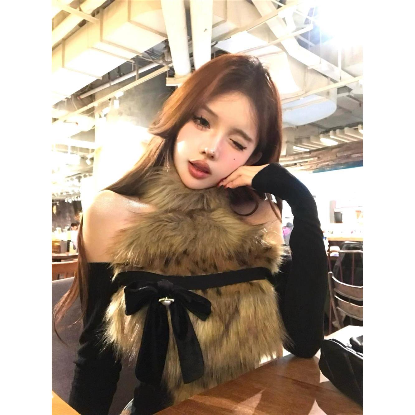 皮草毛毛高领无袖背心女秋冬挂脖抹胸上衣加绒打底衫内搭可外穿