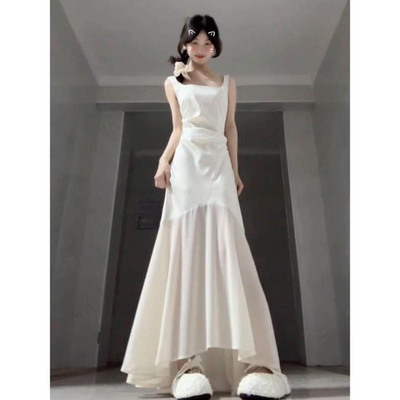 法式白色无袖吊带连衣裙女