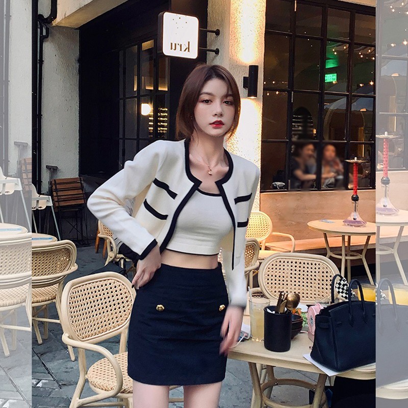 撞色小香风长袖针织开衫外套