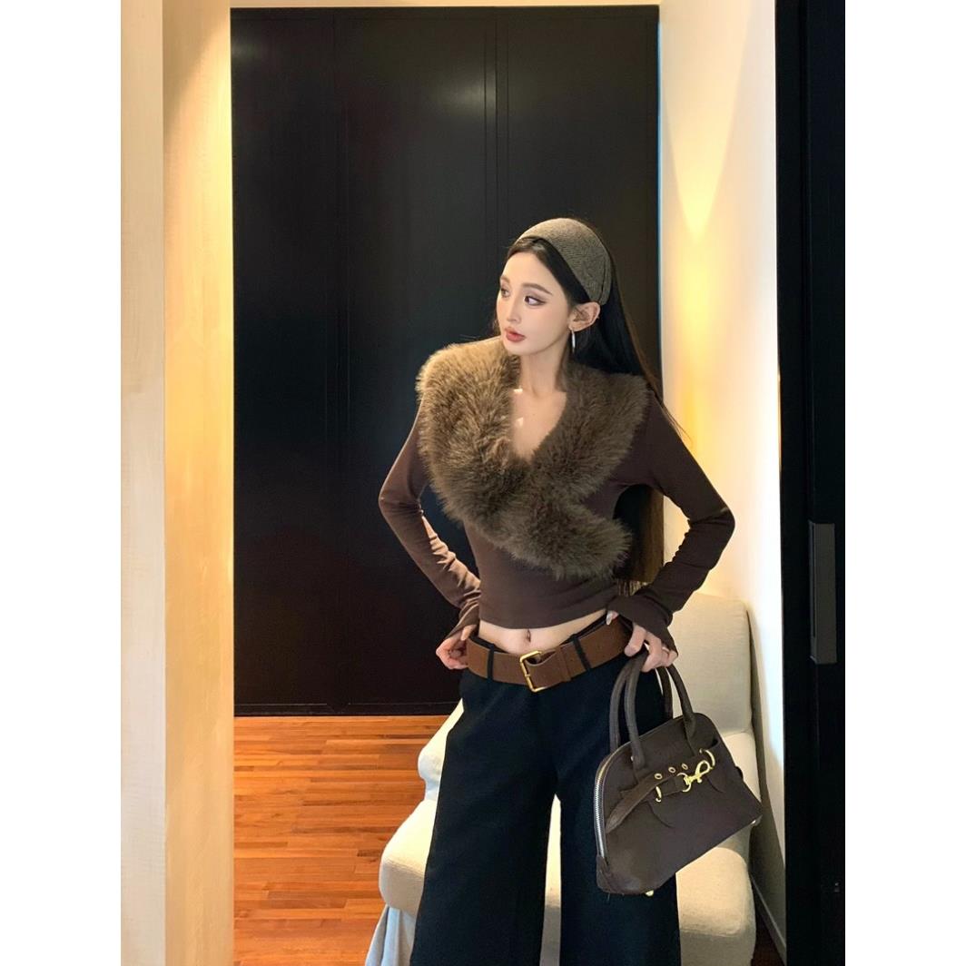 设计感复古毛领长袖T恤女纯欲女