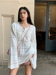 白色法式 甜美温柔高级感chic上衣 镂空针织衫 女设计感小众宽松长袖
