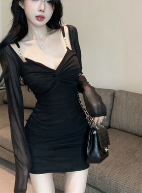 纯欲性感低胸网纱连衣裙女早秋新款气质女人味弹力修身包臀短裙子