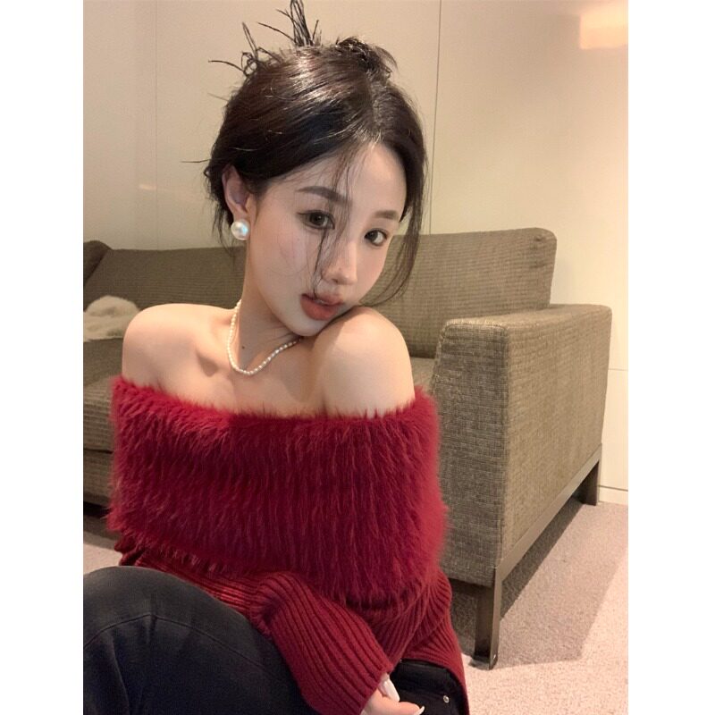 新年红色水貂绒毛衣女秋冬独特别致纯欲辣妹一字肩上衣内搭打底衫