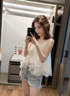 韩版露肩泫雅吊带背心女夏外穿打底衫 荷叶边无袖雪纺衫短款学生