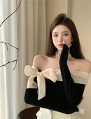 t恤女秋冬纯欲辣妹性感一字肩上衣内搭打底衫 法式 名媛蝴蝶结长袖