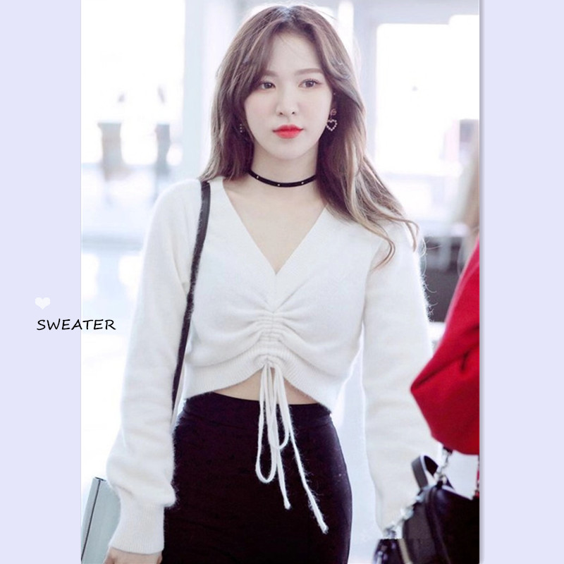 鬼馬少女秋韓國複古抽繩純色百搭簡約系帶褶皺V領短款針織衫毛衣在類目 女裝/女士精品, 毛衣中 - 來自Buy2taobao.com提供專業的淘寶代購服務