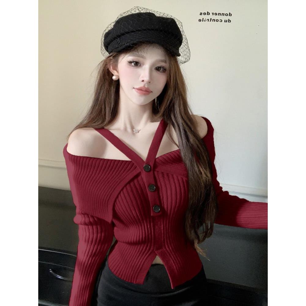 法式辣妹红色挂脖一字肩针织上衣女秋季新款设计感小众毛衣秋冬款