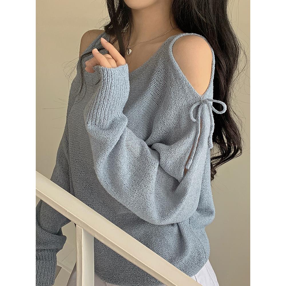 韩国chic夏季宽松肩部开衩露肩长袖针织衫上衣透视薄款套头毛衣女