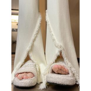 白色针织裤子女春秋款小个子软糯米裤流苏开叉高腰显瘦垂感喇叭裤