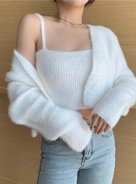 小香风新款仿水貂毛吊带两件套