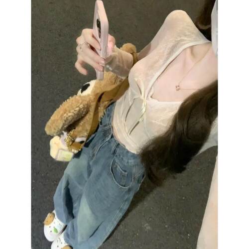 法式纯欲v领蝴蝶结长袖t恤女秋季蕾丝拼接辣妹紧身短款打底衫上衣