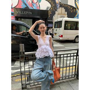 法式V领白色雪纺无袖衬衫女夏季荷叶边短款辣妹气质小衫露背上衣
