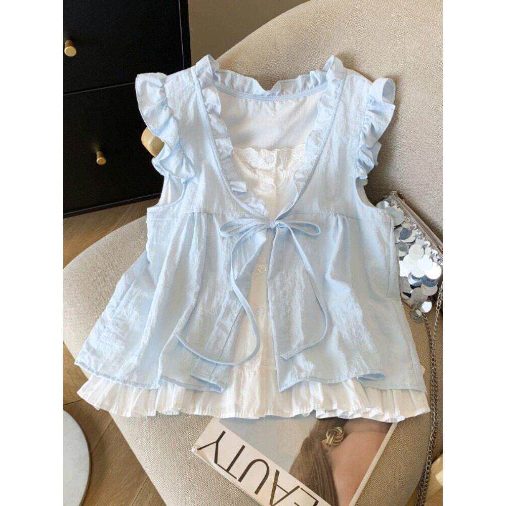 法式荷叶边假两件衬衫女夏季2026新款木耳边减龄宽松飞飞袖娃娃衫