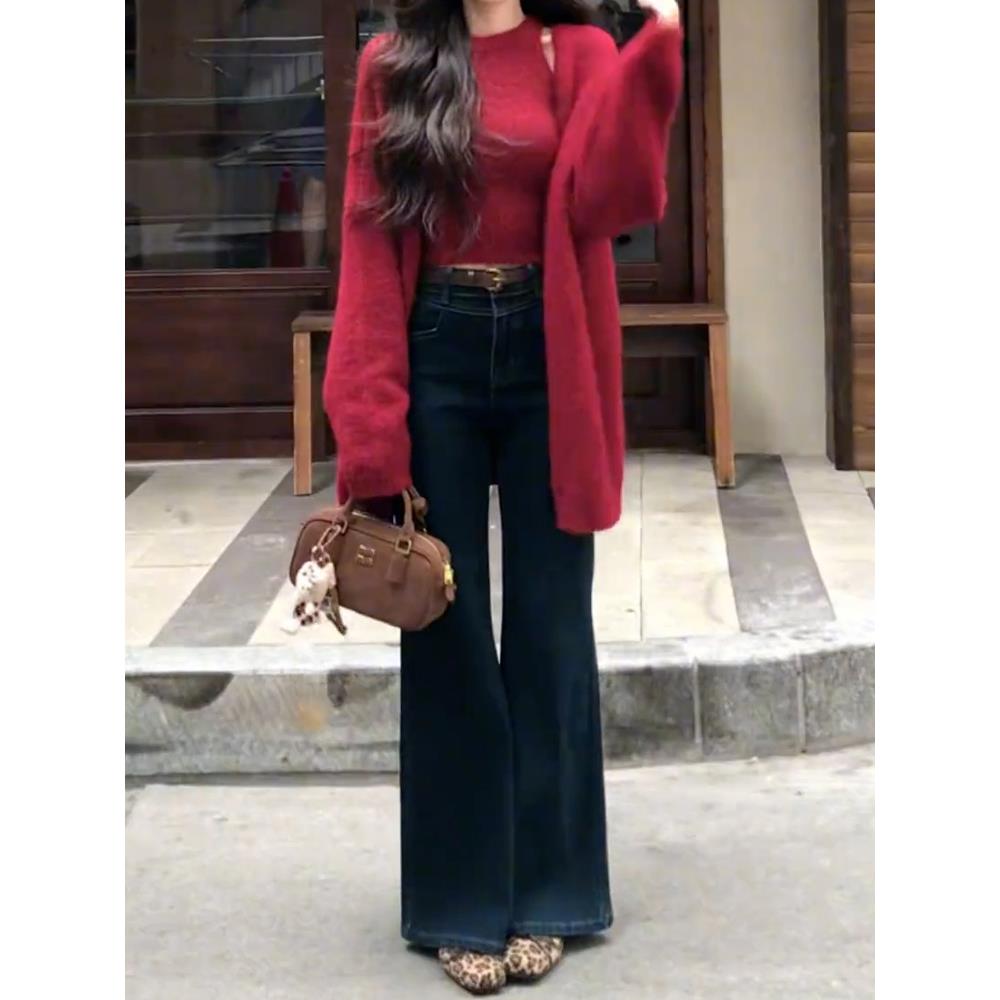 慵懒高级感秋季穿搭红色毛衣开衫外套女秋冬针织2025新款上衣套装