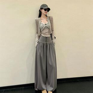 波点开衫吊带阔腿裤一整套装女2026夏季超火巨好看漂亮穿搭两件套