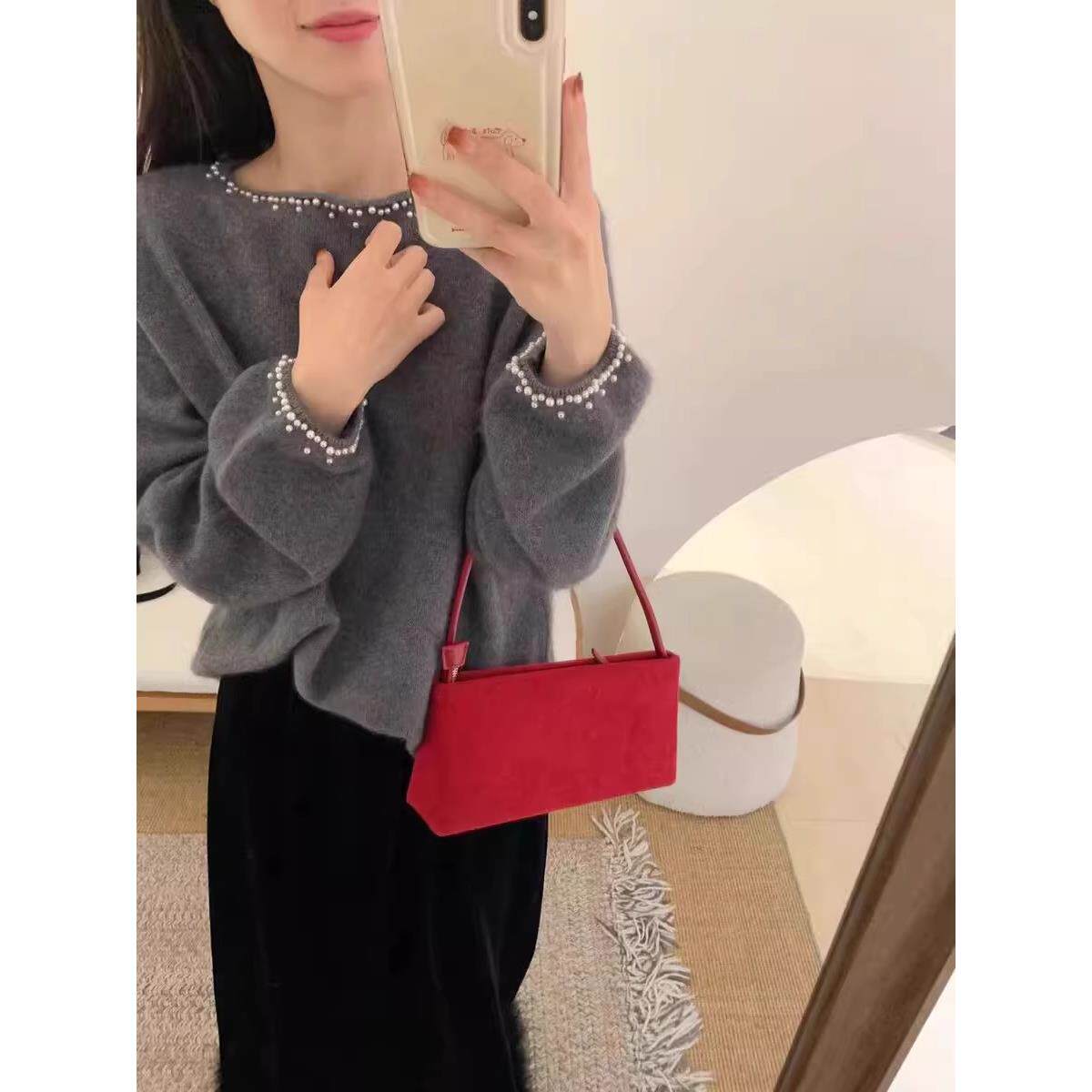 法式重工灰色钉珠羊毛针织打底衫女秋冬小香风毛衣内搭洋气上衣