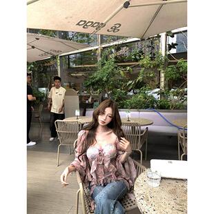 碎花方领长袖雪纺衬衫女秋冬氛围感荷叶边修身衬衣设计感绝美上衣