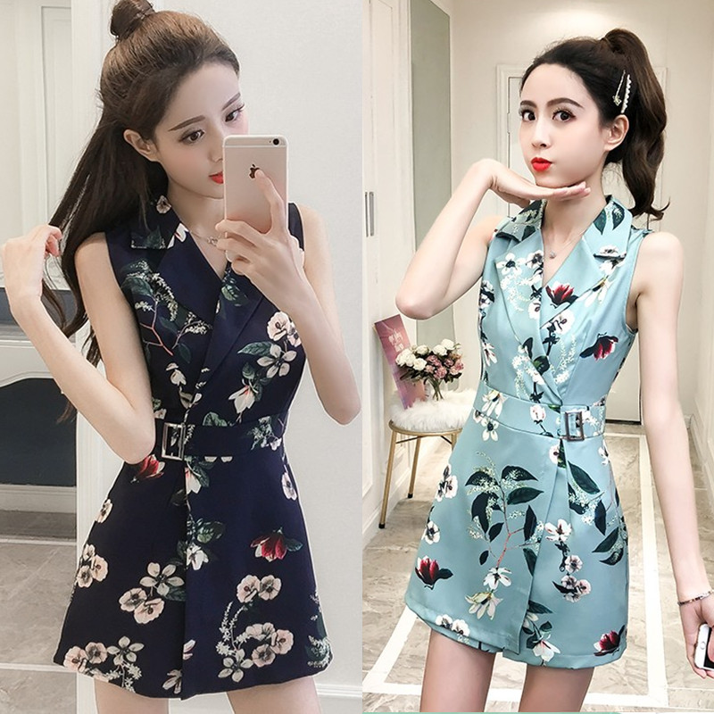 无袖西装V领修身碎花连体裤高腰连衣阔腿短裤裙套装女休闲INS夏季券后43.00元