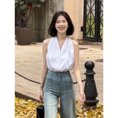 法式白色挂脖v领背心吊带