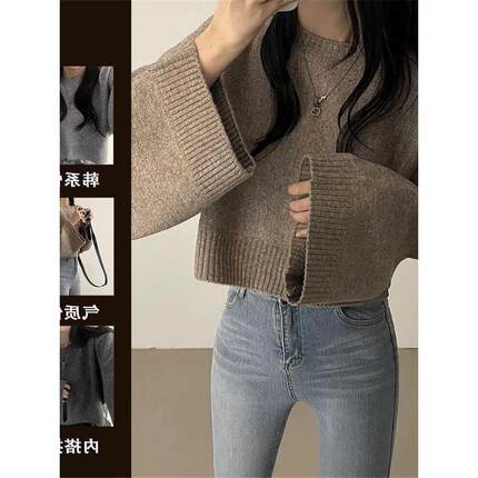 韩系喇叭袖慵懒风毛衣女宽松显瘦针织衫圆领短款长袖上衣春季新款