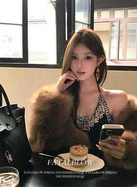 黑色镂空镶钻挂脖吊带背心女春秋小香风千金气质名媛修身辣妹上衣