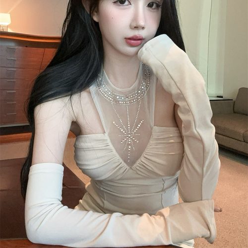 辣妹性感烫钻挖肩网纱挂脖