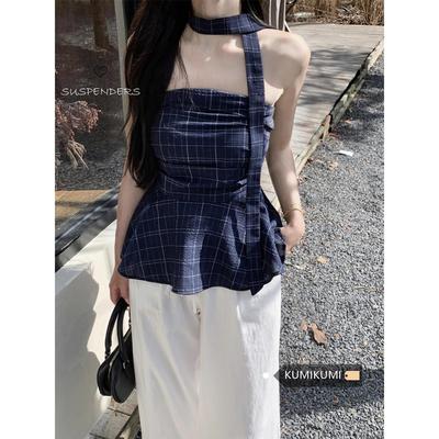 复古撞色辣妹格子抹胸背心小上衣