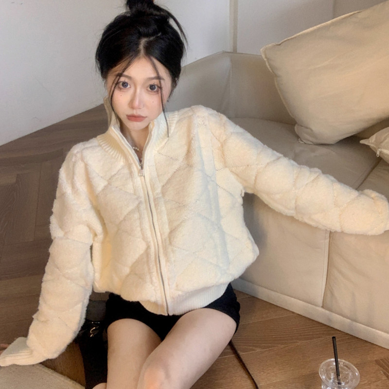 温柔软糯风长袖针织毛衣外套女开衫秋冬厚款宽松休闲立领拉链上衣