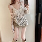 t恤女 上衣设计感小众宽松v领针织长袖 夏季 纯欲甜辣妹镂空防晒罩衫