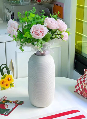 台面花瓶侘寂风创意客厅干花插花花器白色拉丝陶瓷花瓶摆件家居饰