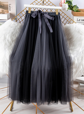 网纱半身裙女2023春装新款撞色设计感蝴蝶结纱裙百搭森女高腰长裙