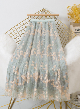 碎花网纱半身裙女中长款春秋新款重工刺绣蕾丝仙女裙轻奢气质纱裙