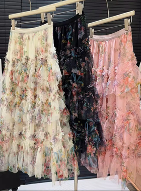 重工拼接印花网纱蛋糕裙半身裙女新款碎花蓬蓬长裙女2026春秋新款