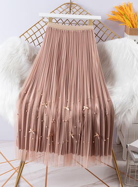 网纱半身裙女中长款2025春秋新款百搭显瘦蝴蝶结珍珠超仙百褶纱裙