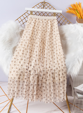 春夏新款网纱半身裙海边度假沙滩长裙高腰显瘦中长款碎花裙子