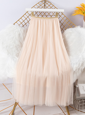 中长款半身裙女2022秋冬新款纯色大摆裙网纱高腰百搭仙女垂感纱裙