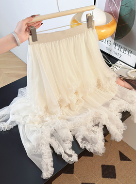 白色木耳边拼接网纱半身裙2026春季设计感不规则蓬蓬A字蛋糕裙女