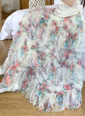 钉珠不规则印花高腰半身裙女春秋2026新款大摆网纱显瘦温柔风长裙