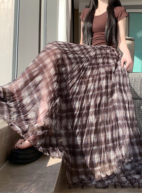 春秋新款复古格纹网纱不规则半身裙显瘦垂感层次中长款A字长裙女