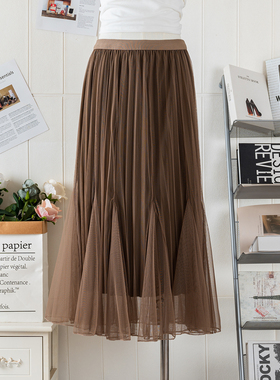 两面穿网纱裙半身裙女春装2024新款遮跨百褶裙a字大摆鱼尾长裙子