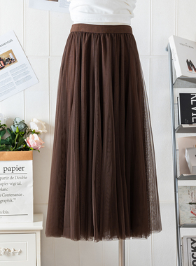 高级感网纱半身裙女春秋2024新款垂感高腰遮跨大摆a字长裙子四季