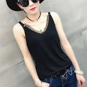 百搭性感背后交叉美背吊带背心女春夏新款V领蕾丝螺纹棉打底背心
