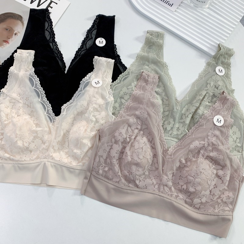 兔耳朵杯宽肩无痕蕾丝美背裹胸性感v领薄杯大胸显小内衣抹胸背心