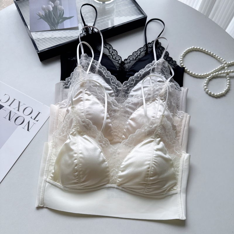 轻奢缎面蕾丝美背裹胸女春夏新款一体轻薄无痕内衣性感三角杯抹胸