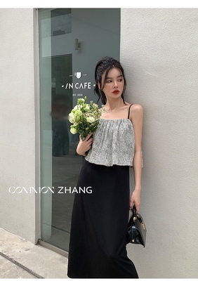 COMMON ZHANG法式方领假两件吊带连衣裙女夏季新款收腰露背A字裙