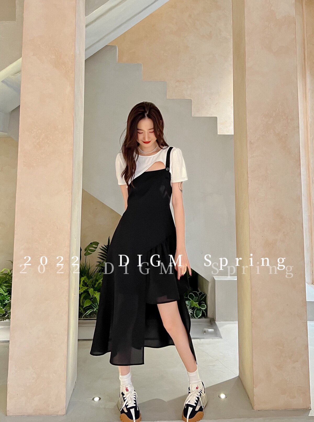 DIGM韩版不规则显瘦连衣裙女夏纯色短款小衫套装气质吊带裙两件套